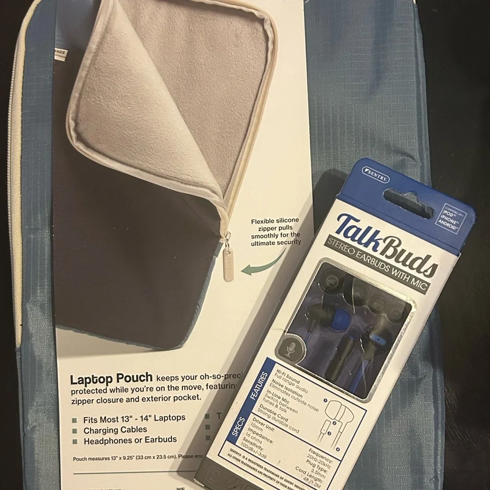 Blue Stereo Earbuds with Mic and laptop pouch